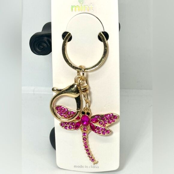 BAG CHARM Pink Crystal Dragonfly Keychain Charm -  Gold Accent - Picture 1 of 5